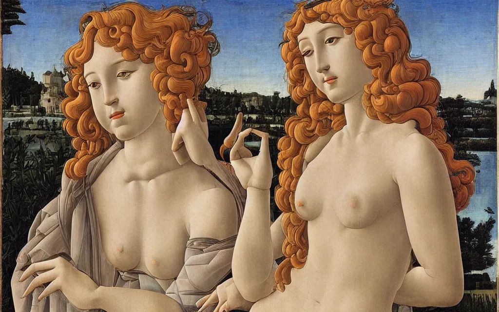 Image similar to sandro botticelli. very soft, delicate light. venus standing on a park bench in a modern city.