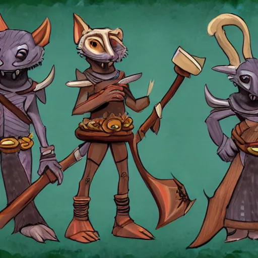 Image similar to stylised concept art of a D&D kobold in alternate outfits