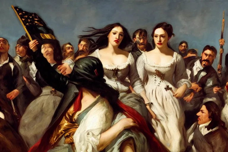 Image similar to Kat Dennings as Liberty Leading the People by Eugène Delacroix', highly detailed, trending on artstation, award winning, H 768