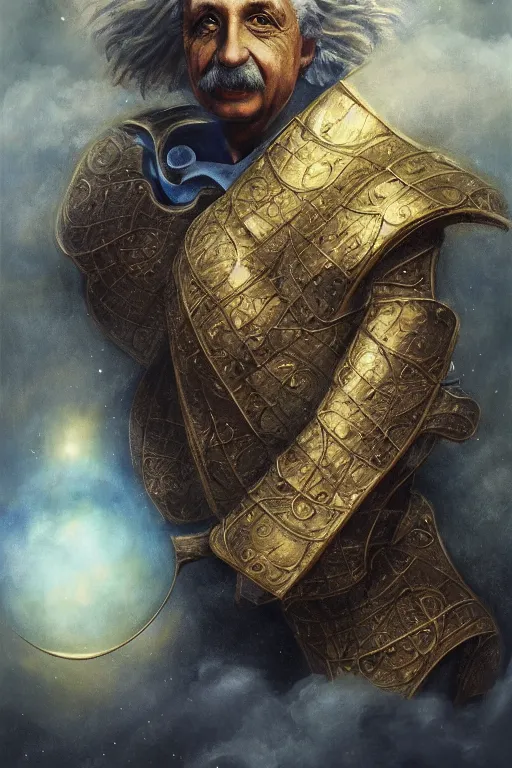 Image similar to breathtakingly beautiful painting of albert einstein in gold armor, thinking about equations, moonlit sky, matte painting by brian froud, shaun tan, wlo and peter mohrbacher, highly detailed, intricate,, award winning artwork, trending on artstation, high quality printing, fine art with subtle redshift rendering