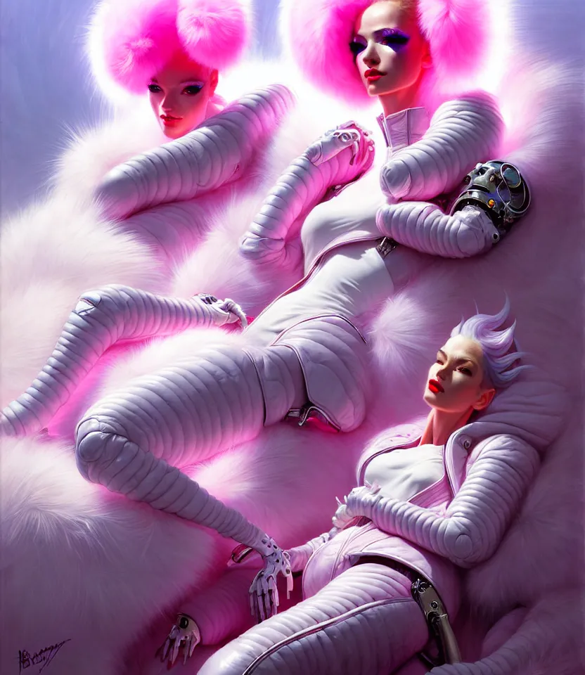 Image similar to beautiful fantasy character portrait, wearing pink puffy bomber jacket with white fur, seductive reclining pose, futuristic robots sitting, ultra realistic, dramatic lighting, robots, the fifth element artifacts, highly detailed by peter mohrbacher, hajime sorayama, wayne barlowe, boris vallejo, aaron horkey, gaston bussiere, craig mullins