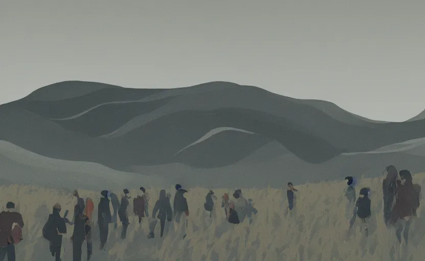 Image similar to it feels like something to be anything. Landscape with people. Rough strokes. Interesting colour scheme, muted colour. Detailed. Beautiful digital art by artist Lurid. (2022)