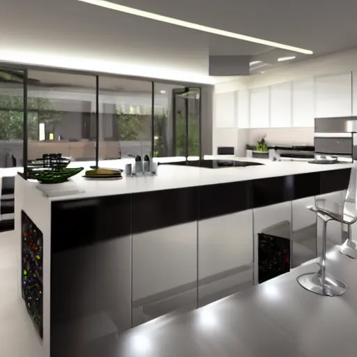 Prompt: modern kitchen with rgb led strip lighting, homes and gardens, super detailed render, award winning,