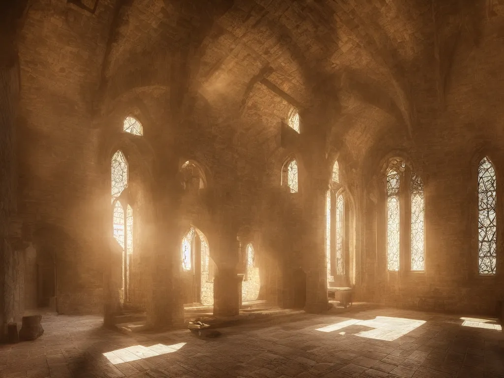 Image similar to luxury interior of a medieval monastery volumetric light morning cinematic photo,