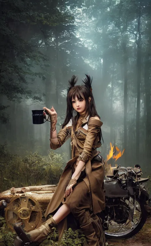 Prompt: a girl from final fantasy live action, with short black hair and green eyes in a tan trenchcoat sitting on a log and drinking tea by the campfire by her steampunk motorcycle at night under the stars, evocative, mystical night, very very very very detailed, award winning, masterpiece digital painting by greg rutkowski, alex grey, artstation, 4 k wallpaper