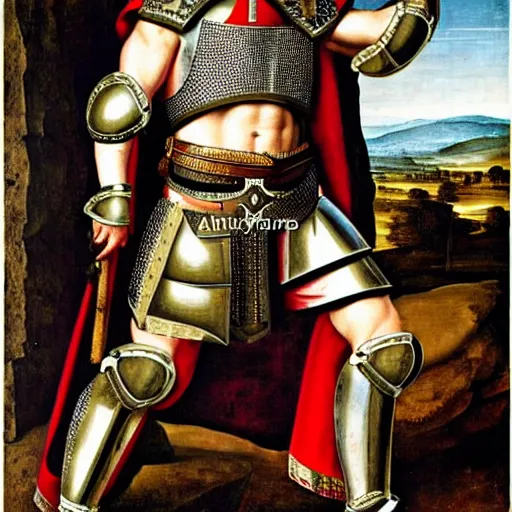 Image similar to renaissance painting of Tom Hardy as crusader, wearing full armour, crusader cross on chest, by Arthur Adams, Diego Gisbert Llorens