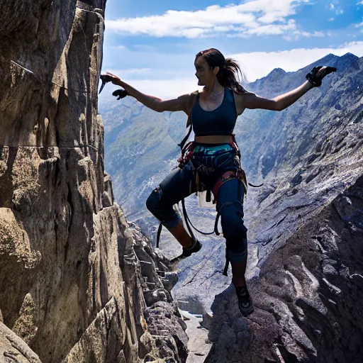 Image similar to lara croft mount climbing, adventure photography