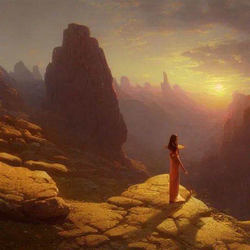 Image similar to an ultradetailed matte landscape painting of mountain sized sculpture of a beautiful and elegant woman, sunrise on the horizon in the background, stone hand raised up, 8 k, art by greg rutkowski and albert bierstadt