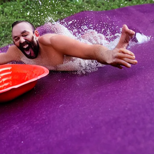 Prompt: a man sliding through pudding, slip n slide, professional photo, funny