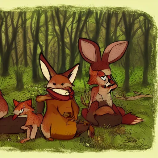 Prompt: 3 woodland critters, resistance, communist, bunny, mouse, fox, political meeting in the woods, antropomorphic, fantasy digital art, art station