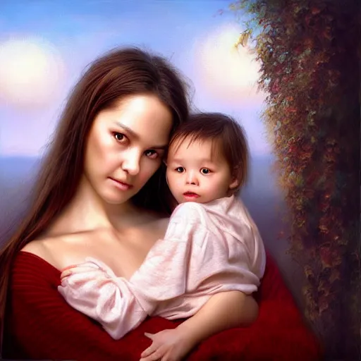 Prompt: pure love is patient love is kind, mother and child ; photorealistic oil painting by tom chambers and artgerm ; highly detailed cute faces by wlop ; trending on artstation ; 8 k high resolution, symmetrical, cinematic, high coherence, golden ratio, rule of thirds, perfectly centered ; anatomically correct faces