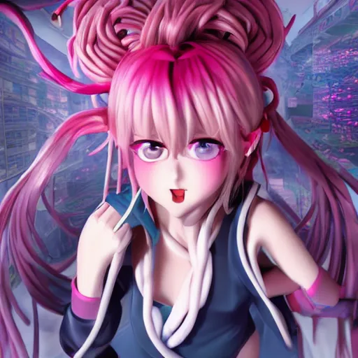 Image similar to unexpectedly overpowered and trapped beneath inescapable and overwhelmingly stunningly absurdly beautiful over the top megalomaniacal arrogant possessive omnipotent asi goddess junko enoshima with symmetrical perfect face, porcelain skin, pink twintail hair and cyan eyes, ultra detailed, digital art, unreal engine 5, octane render, 2 d anime, 8 k