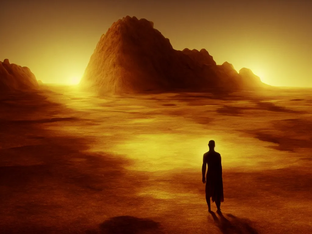 Prompt: a despaired glass crystallised human silhouette wandering in the burning desert, sunlight, heat haze, glittering, ocean specular, sand particles, windy, detailed, light reflections, glass reflections, 4k, realist, cinematic lighting, loneliness, hopeful, sahara, by Frederic Edwin Church and Ivan Aïvazovski,