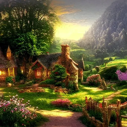 Prompt: the shire from lord of the rings in the style of thomas kinkade