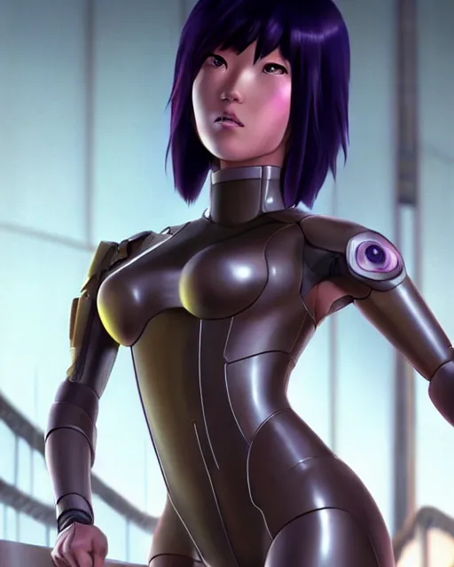 Image similar to weta disney pixar movie still portrait photo of motoko kusanagi the major ghost in the shell : : as cyborg woman by pixar : : by weta, wlop, ilya kuvshinov, rossdraws, artgerm, marvel, maxim cover, latex, octane render, sweaty, iridescent, bright morning, anime, liosh, mucha : :