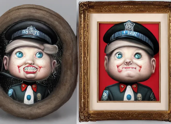 Prompt: a donut dressed like a police officer, lowbrow, matte painting, 3 - d highly detailed, in the style of mark ryden,