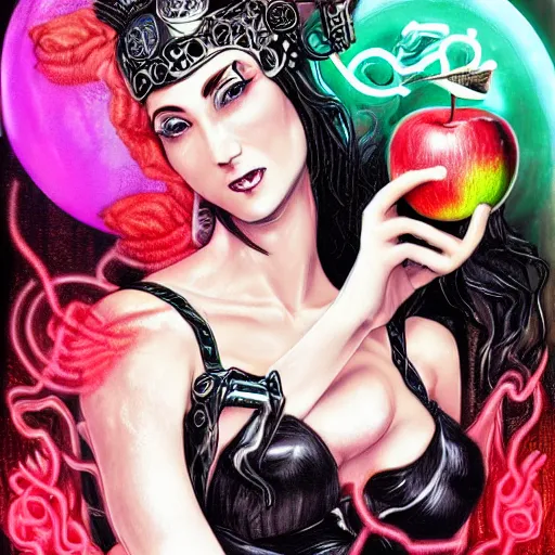 Image similar to goddess of chaos Eris in cyberpunk world holding the apple of discord with vicious smile, body full of details, hyper realistic, ultra detailed, neon flavour with dark wet, artistic photography, light reflections