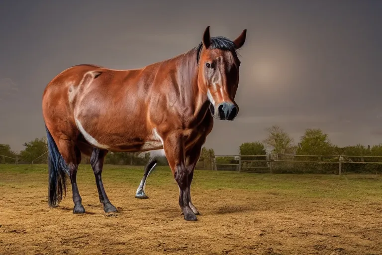 Image similar to a horse bull!!! hybrid! hyper realistic!! realistic lighting!! wildlife photographer of the year!!! bold natural colors, national geographic, hd, wide angle, 8 k