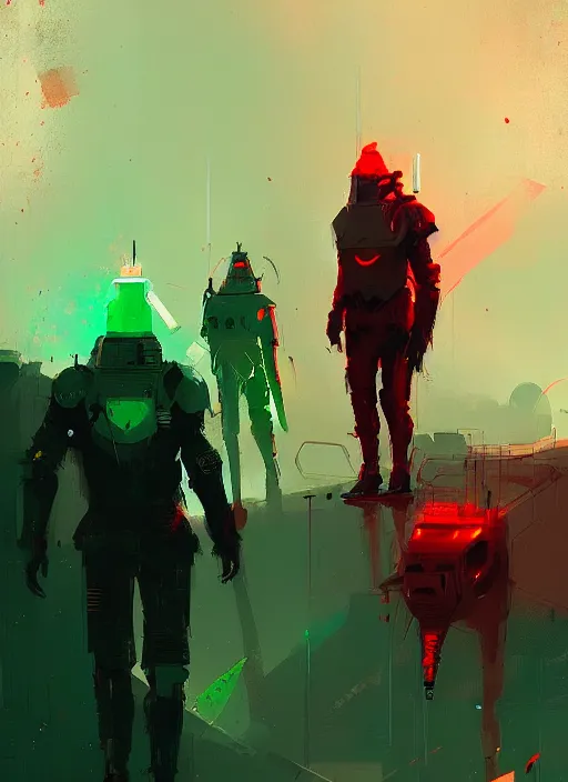 Image similar to sci - fi knights, red and green hour, by ismail inceoglu