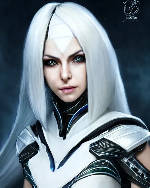 Image similar to perfect white haired attractive egyptian goddess, warframe armor, beautiful, symmetric, dreamy, half asian, pretty face, green eyes, charlize theron, detailed, scifi platform, laboratory, experiment, 4 k, ultra realistic, epic lighting, android body, illuminated, cinematic, masterpiece, art by akihito tsukushi, voidstar