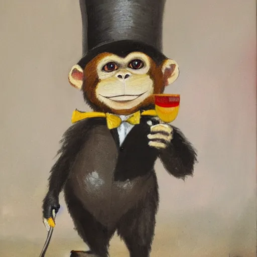 Image similar to a monkey wearing a monocle and a top hat drinking tea, brush strokes, oil painting