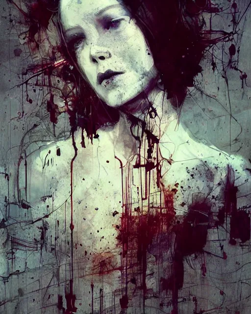 Prompt: beautiful redhead woman, wires, skulls!! machines ( by emil melmoth zdzislaw belsinki craig mullins yoji shinkawa ) realistic render ominous detailed photo atmospheric by jeremy mann francis bacon and agnes cecile ink drips paint smears!! digital glitches glitchart!!