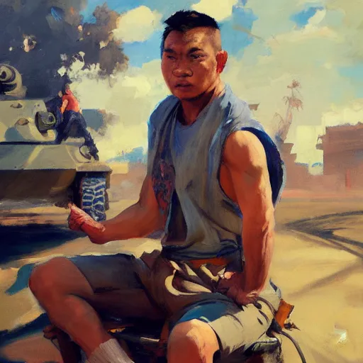 Image similar to greg manchess side portrait of a filipino mma fighter sitting on a tank, organic painting, sunny day, matte painting, bold shapes, hard edges, street art, trending on artstation, by huang guangjian, gil elvgren, ruan jia, randy vargas, greg rutkowski