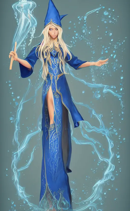 Image similar to elf female sorcerer doing water magic spells, blue robes, exquisite details, full body character design on a white background, by studio muti