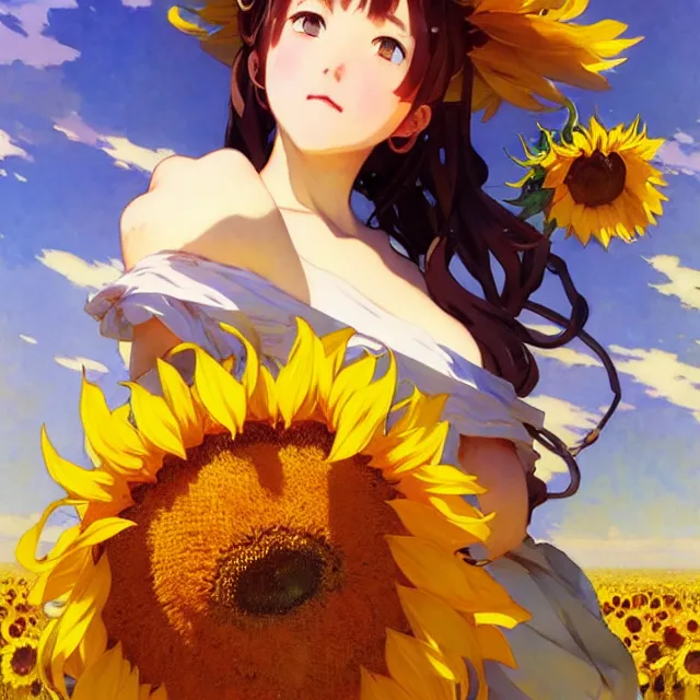 Prompt: beautiful sunflower anime girl, krenz cushart, mucha, ghibli, by joaquin sorolla rhads leyendecker, by ohara koson