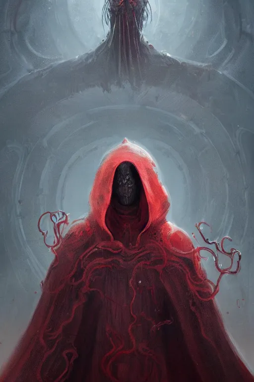 Prompt: A full body portrait of a mysterious character with no face with a very long hooded red cloak, a golden crown floating above his head tentacles coming out the ground art by James Paick, and Shaddy Safadi, ominous, cosmic horror, trending on artstation, Ultra detailed, hyper realistic 4k