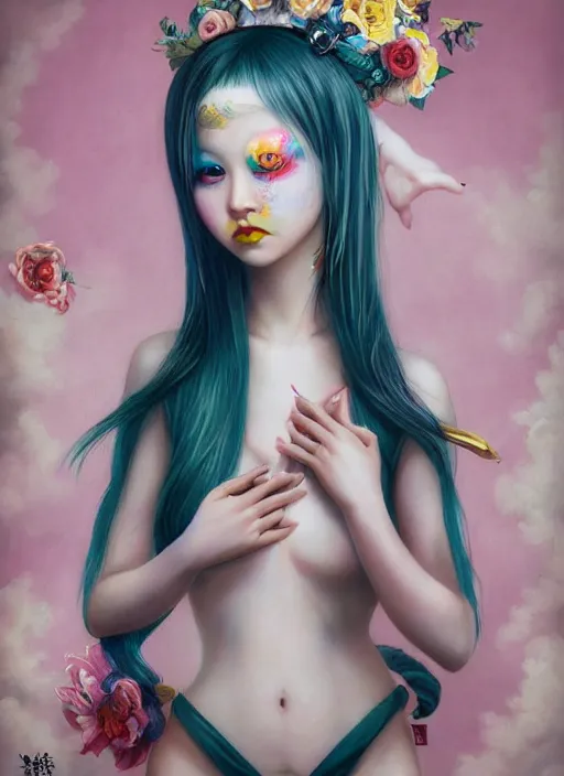 Prompt: pop surrealism, lowbrow art, realistic cute japanese girl wearing bikini painting, japanese street fashion, hyper realism, muted colours, rococo, natalie shau, loreta lux, tom bagshaw, mark ryden, trevor brown style,