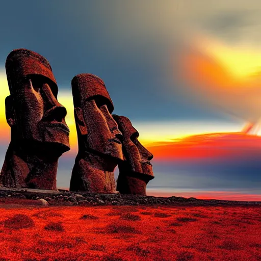 Image similar to a red sky and molten ground landscape, easter island heads are sinking in to the ground crumbling and seems to be fighting a storm or volcano, digital art