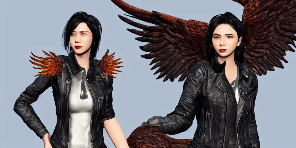 Image similar to a woman with black hair and a leather jacket with phoenix wings, character portrait, unreal engine 5, intricate, detailed, realistic, masterpiece