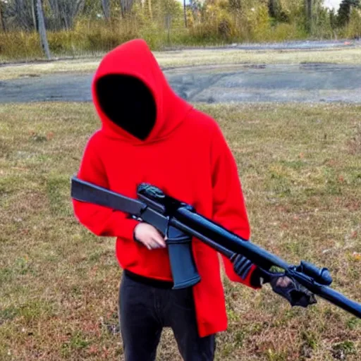 Image similar to a skeleton in a red hoodie with a rifle