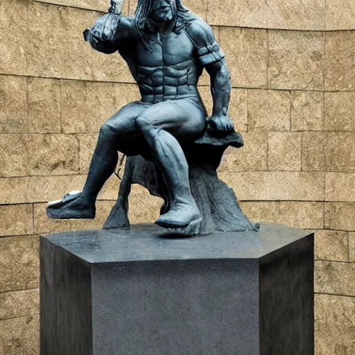 Image similar to statue of geralt from the witcher, posed like rodin's the thinker, museum photo