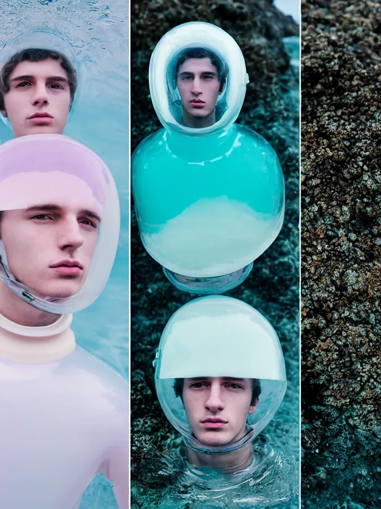 Image similar to high quality pastel coloured film portrait photograph of a beautiful young 2 0 year old male, soft facial features, short hair, perspex space helmet and oversized inflated clothing!! icelandic black rock pool environment. atmospheric three point light. photographic. art directed. ( pastel colours ). volumetric. clearcoat. waves. 8 k. filmic.