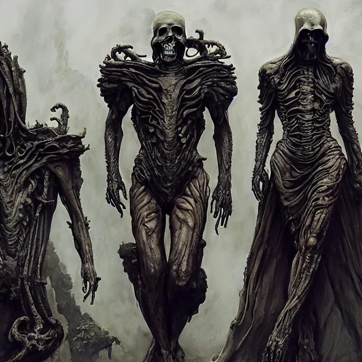 Image similar to still frame from Prometheus by Jakub Różalski, Ossiarch Bonereaper by Wayne Barlowe by peter Mohrbacher by Giger, dressed by Alexander McQueen and by Neri Oxman, metal couture hate couture editorial