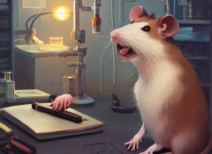 Prompt: portrait of a cute pet rat dressed as an english professor, standing in a chemistry lab, digital art, artstation, fantasy, cinematic, fine details by realistic shaded lighting poster by ilya kuvshinov katsuhiro otomo, magali villeneuve, artgerm, jeremy lipkin and michael garmash and rob rey