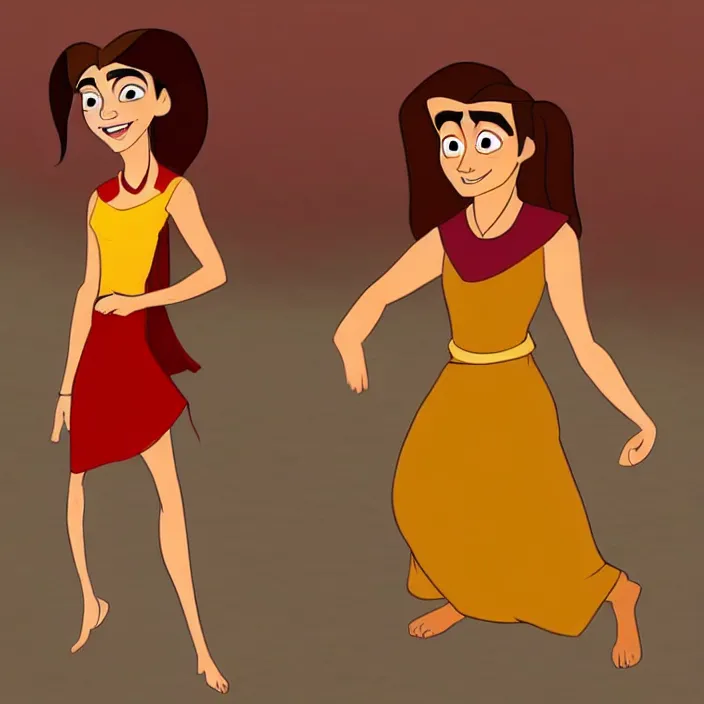 Image similar to A cartoon of a Joyful! and smiling Emma Watson wearing red clothes, in the style of The emperor's new groove (2000). Clear body. Light Clothes. Low angle.