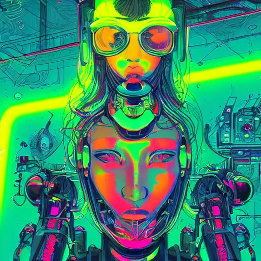 Prompt: portrait of a young mech girl with fluorescent cybernetic implants dripping in a world of neon dreams by james jean and kilian eng