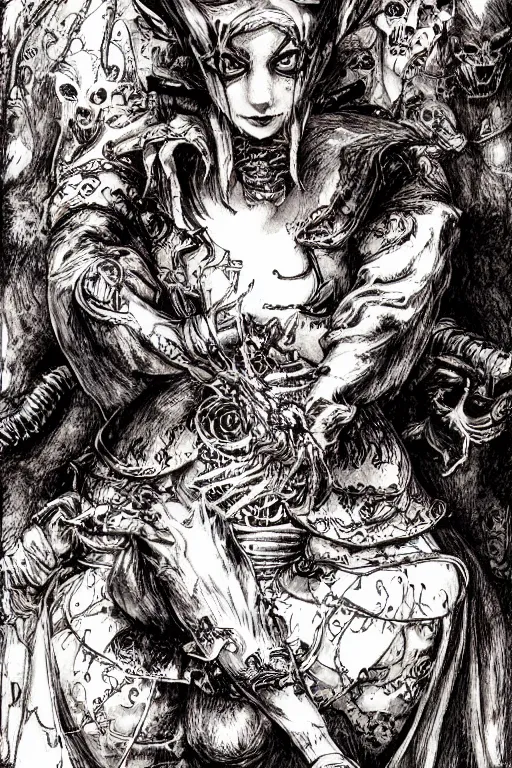 Image similar to Demon Alice in wonderland tarot card , pen and ink, intricate line drawings, by Yoshitaka Amano, Ruan Jia, Kentaro Miura, Artgerm, watercolor