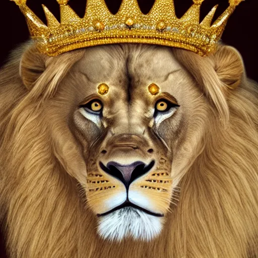 Image similar to a lion emperor adorned in jewels. hyper realistic, king, gold crown, portrait