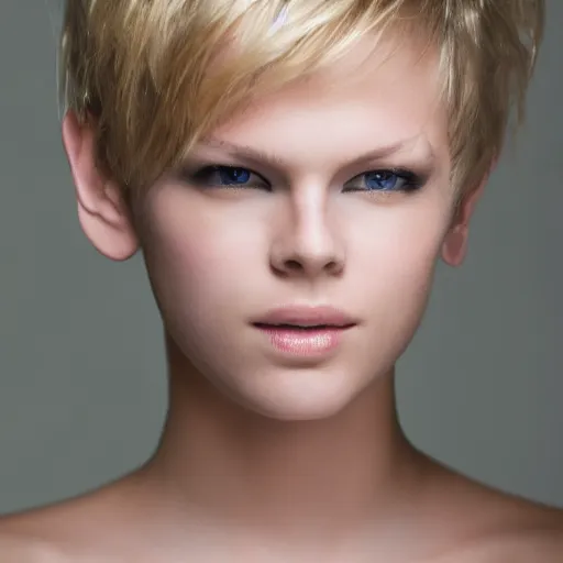 Prompt: photograph of a model with short blonde hair looking to the side