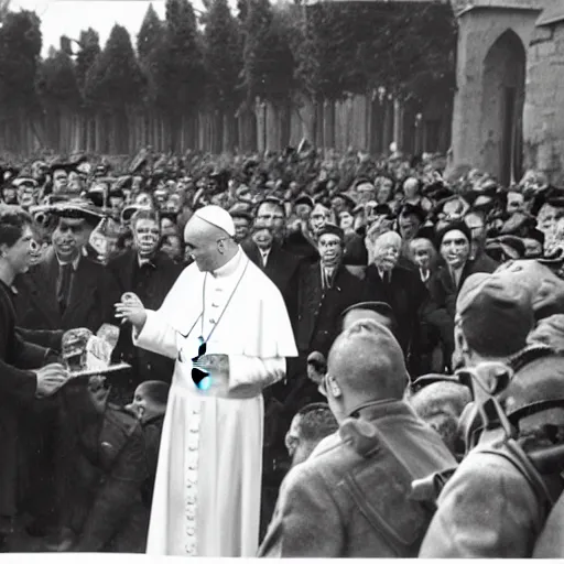 Image similar to the pope giving out communion to a large group of armed fascists in the 1930s, 8k