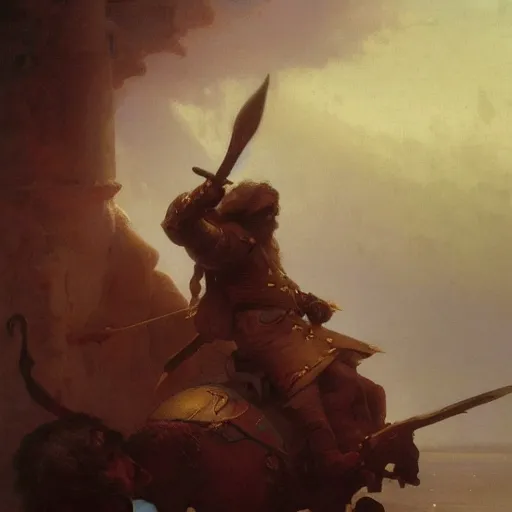 Image similar to art by ivan aivazovsky and syd mead and moebius and gaston bussiere and roger dean and pieter claesz and paul delaroche and alma tadema and aelbert cuyp and willem claesz, a fantasy cinematic close up shot of a dwarf berserker, warhammer, dnd, last stand