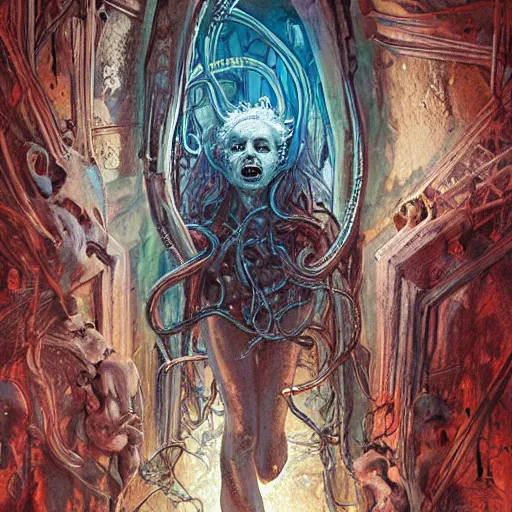 Image similar to a hallway with colored lights at the end, the face of a medusa appears and heads straight for the camera, intricate, highly detailed horror art by kim jung gi and greg rutkowski