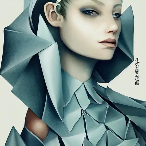 Image similar to 3 / 4 view of a beautiful girl wearing an origami dress, eye - level medium shot, elegant, by eiko ishioka, givenchy, by peter mohrbacher, centered, fresh colors, origami, fashion, detailed illustration, vogue, high depth of field, japanese, reallusion character creator