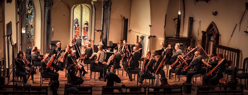 Image similar to a tango orchestra performance in a church, epic, cinematic composition, ultra detailed, 4 k, ultrawide, ( distant shot ), dramatic lighting