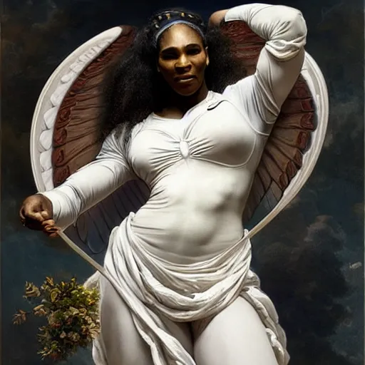 Prompt: Full body Portrait of Serena Williams in Nike gear as Nike Goddess, large wings, luxuriant, dreamy, eternity, romantic, strong pose, highly detailed, in the style of Franz Xaver Winterhalter, highly detailed, in the style of Aetherpunk