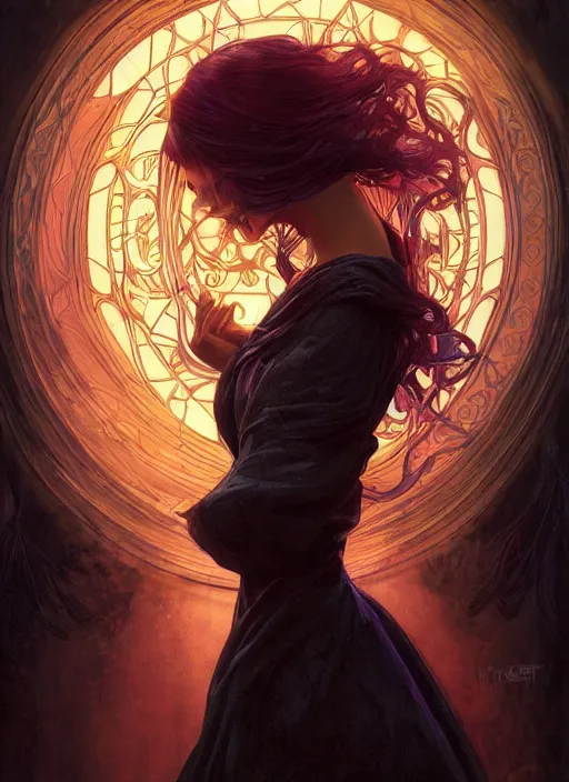 Prompt: book frontcover, side portrait, dark witch with black hood and evil eyes, realism, soft, smooth, luminescent, art nouveau tarot, backlit glow, colorful swirly ripples, gaudy colors, aesthetic octane render, unreal engine, 8 k, by artgerm, greg rutkowski, alphonse mucha